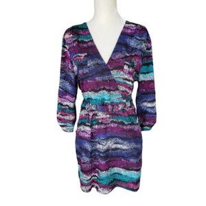 Yumi Kim Womens Dress Silk Dotted V-Neck Pockets V-Neck Zip Up Purple Size L